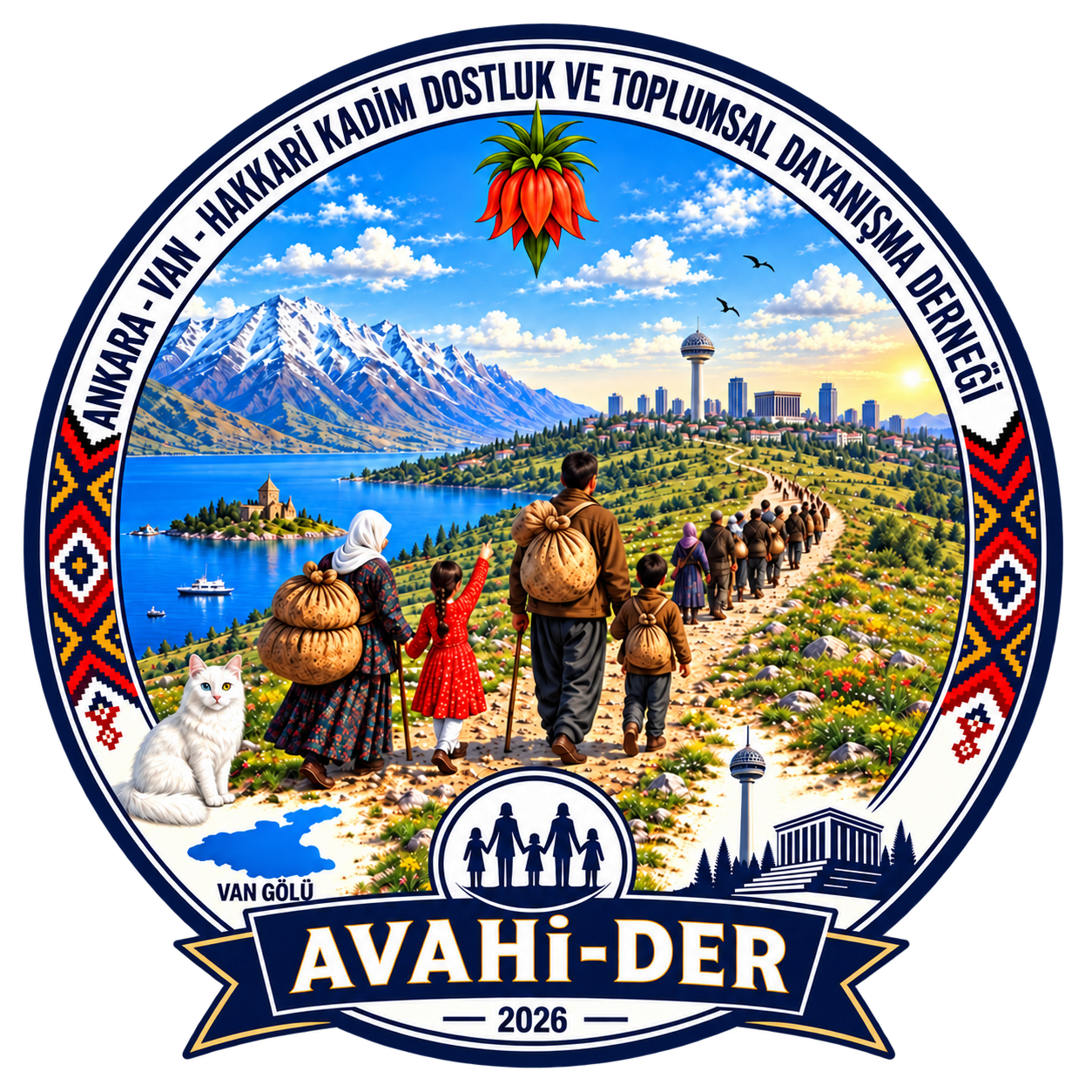 AVAHİ-DER amblemi: Van kedisi, Van Gölü, dağlar, Ankara silüeti ve renkli Kürt motifleri.
